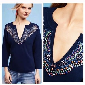 Anthropologie Moth Jewel Split Neck Sweater